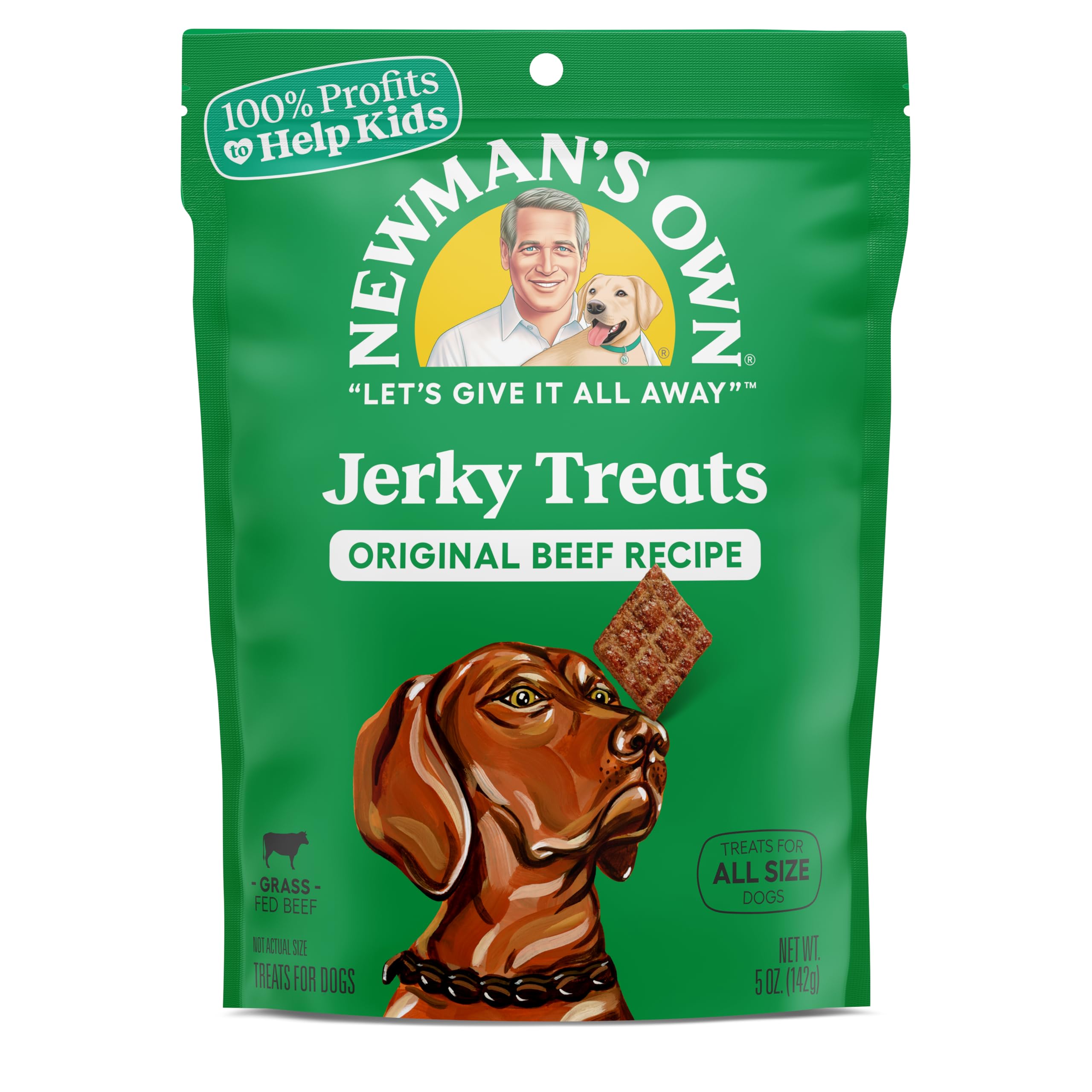 Newman's Own Jerky Treats packaging highlights grain-free, high-protein beef for dogs.