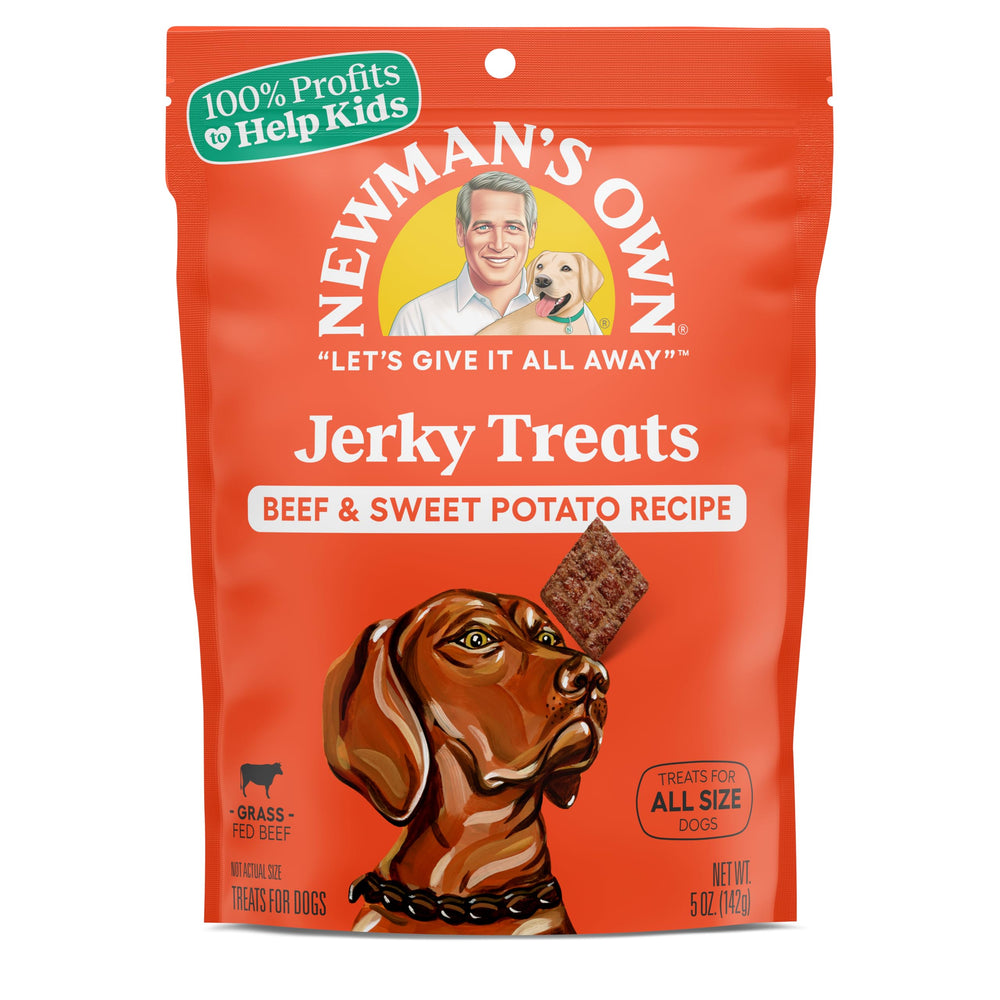 Newman's Own Jerky Treats packaging front, protein-rich dog reward.