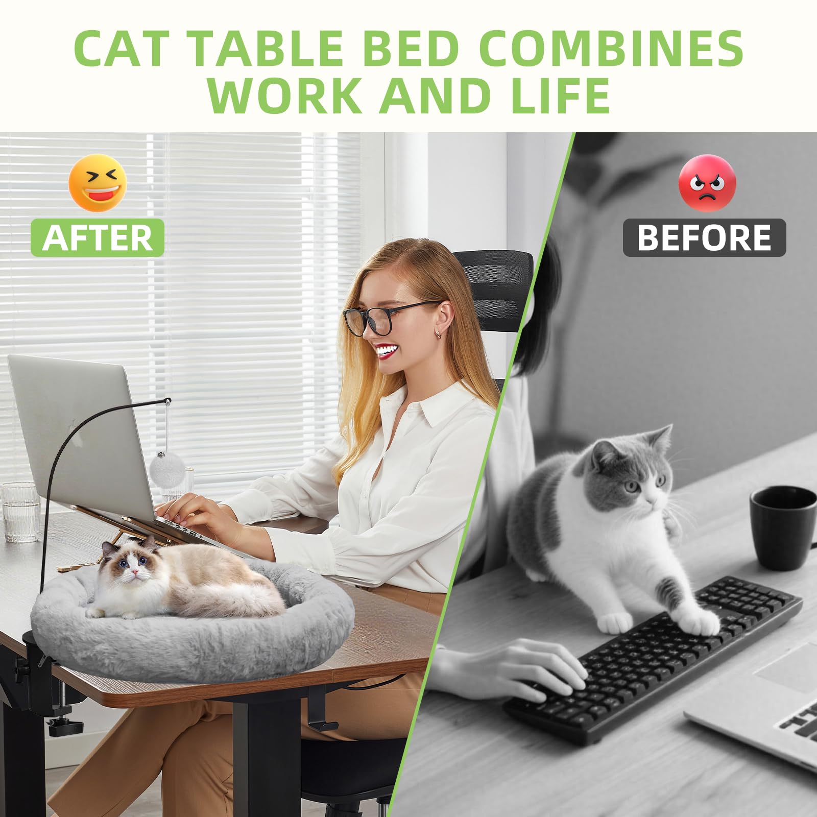 Newmkr cat desk bed clamps securely to your desk for stability.