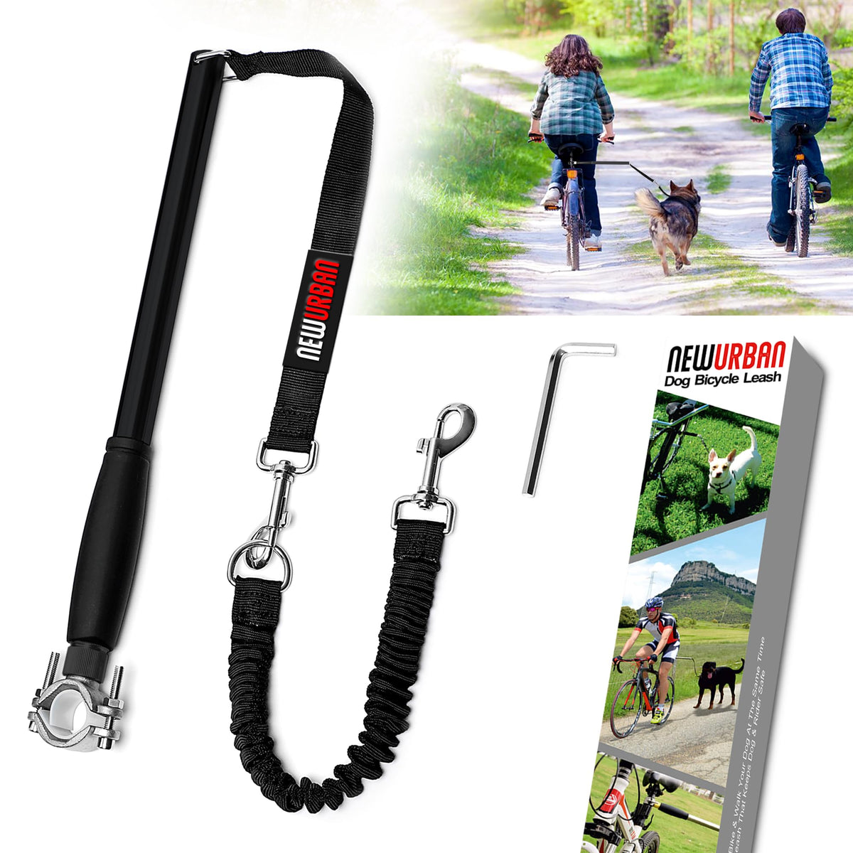 NEWURBAN Hands Free Dog Bike Leash installation demonstrates quick setup for seamless rides.