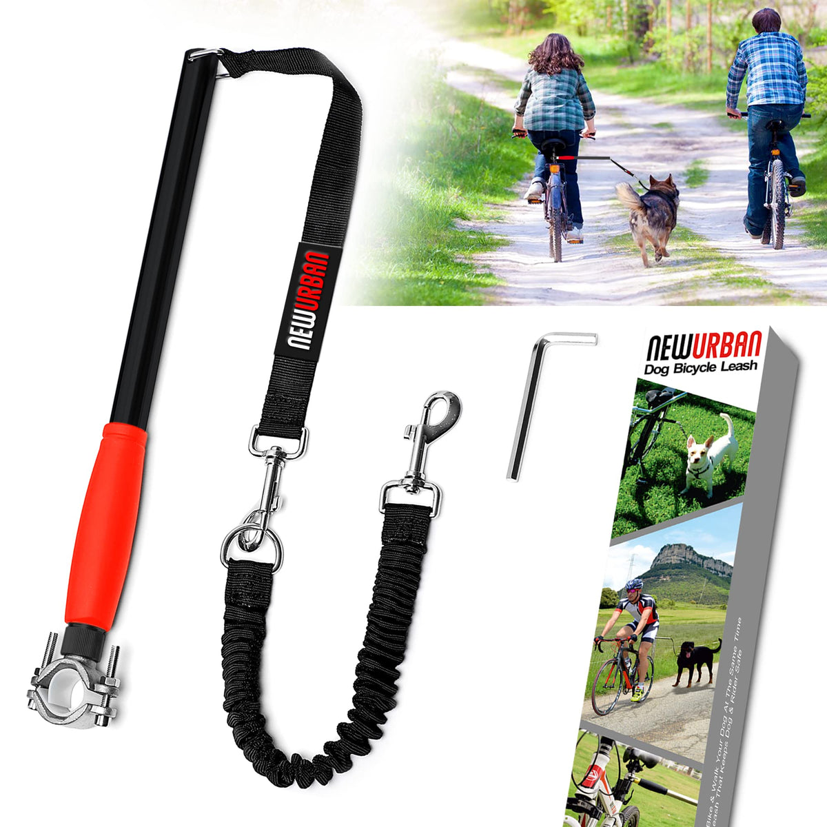 NEWURBAN Hands Free Dog Bike Leash setup demonstrates easy bike attachment for hands-free control