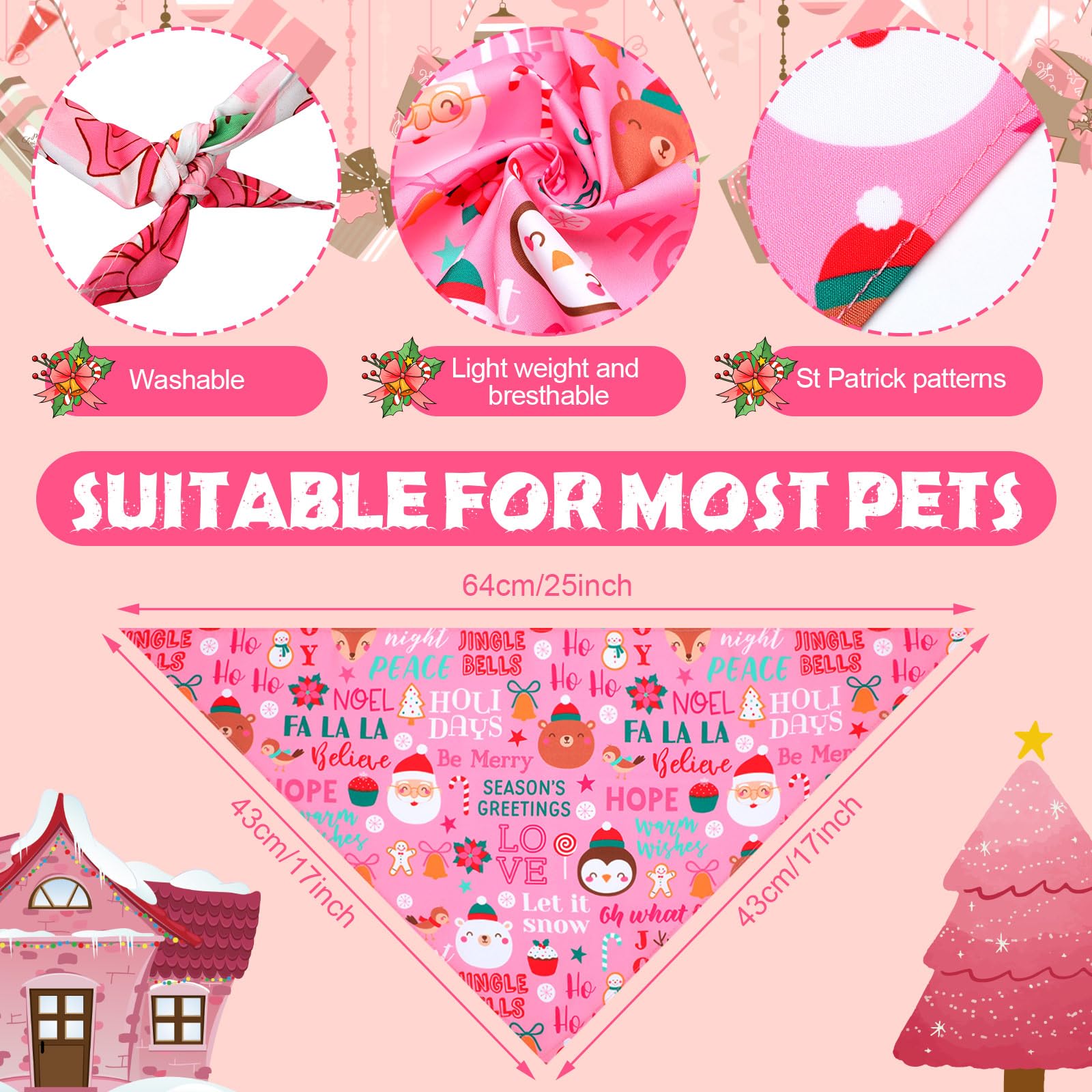 Newwiee pink Christmas bandana patterns featuring Santa, trees, and snowflakes for festive pets