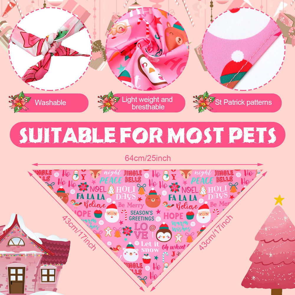 Newwiee pink Christmas bandana patterns featuring Santa, trees, and snowflakes for festive pets