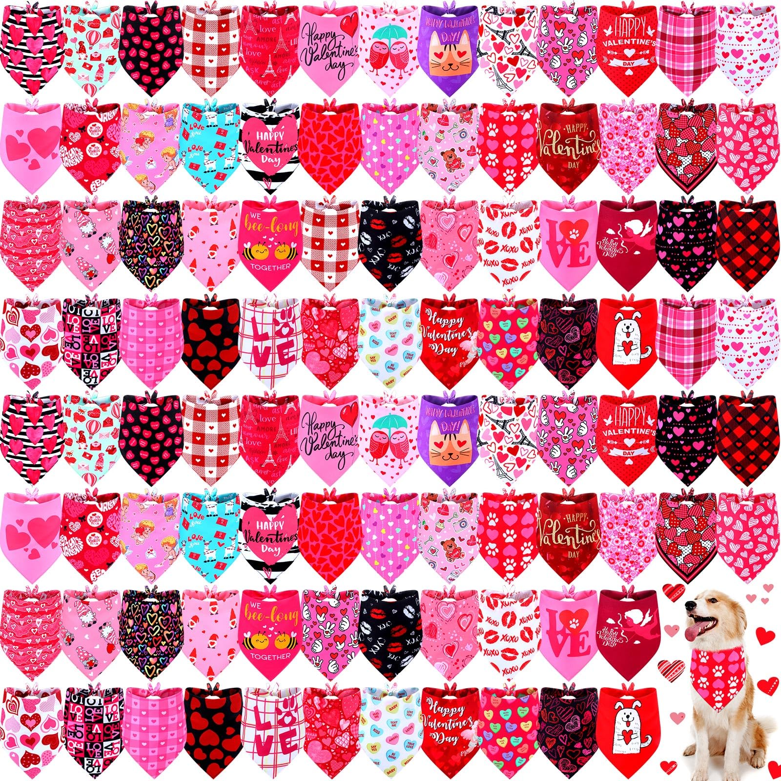 Newwiee Valentine dog bandanas collection displays 100 pcs for versatile pet styling.