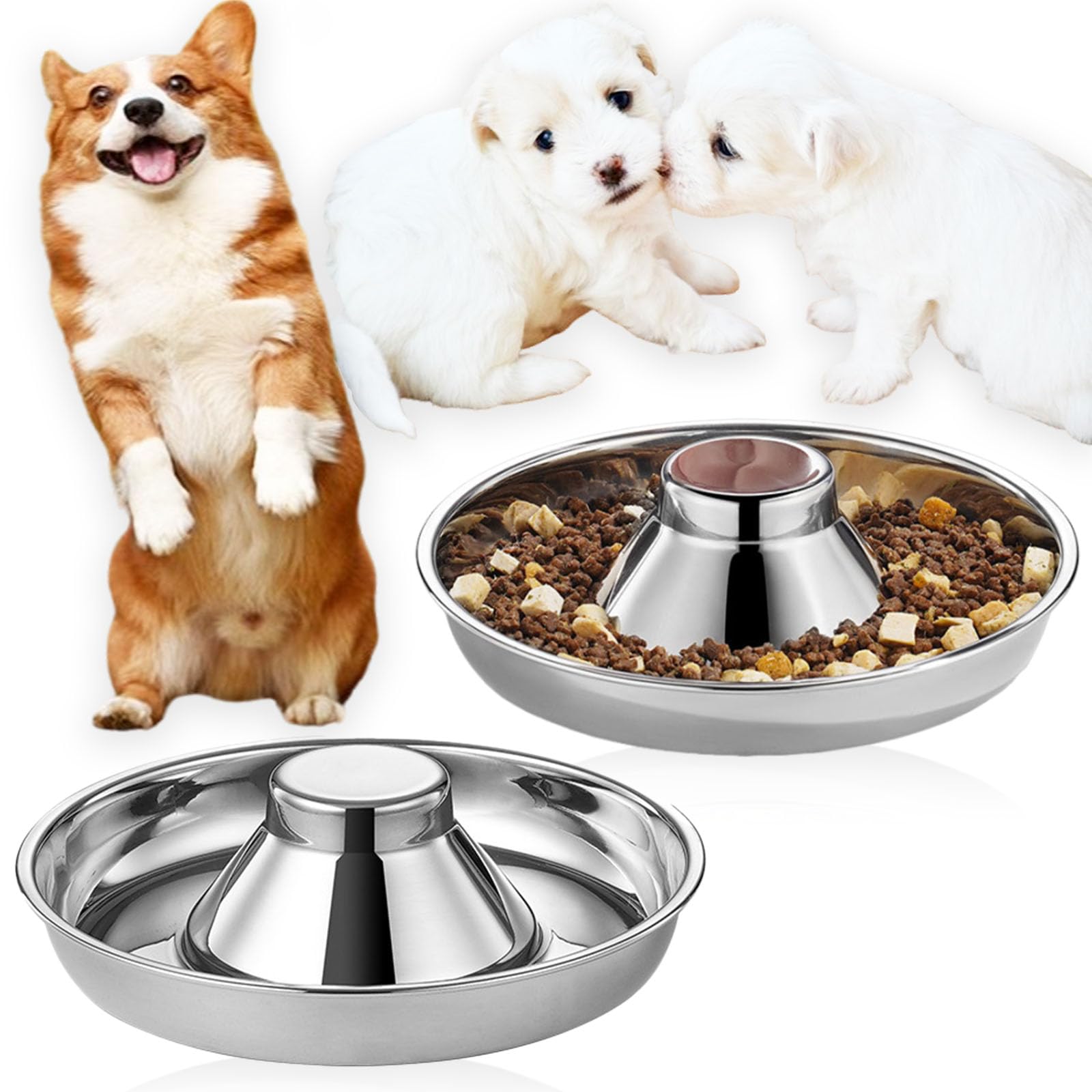 Nexboraque puppy bowl 10in front view shows sturdy stainless steel with slow-feed design.