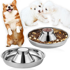 Nexboraque puppy bowl 10in front view shows sturdy stainless steel with slow-feed design.