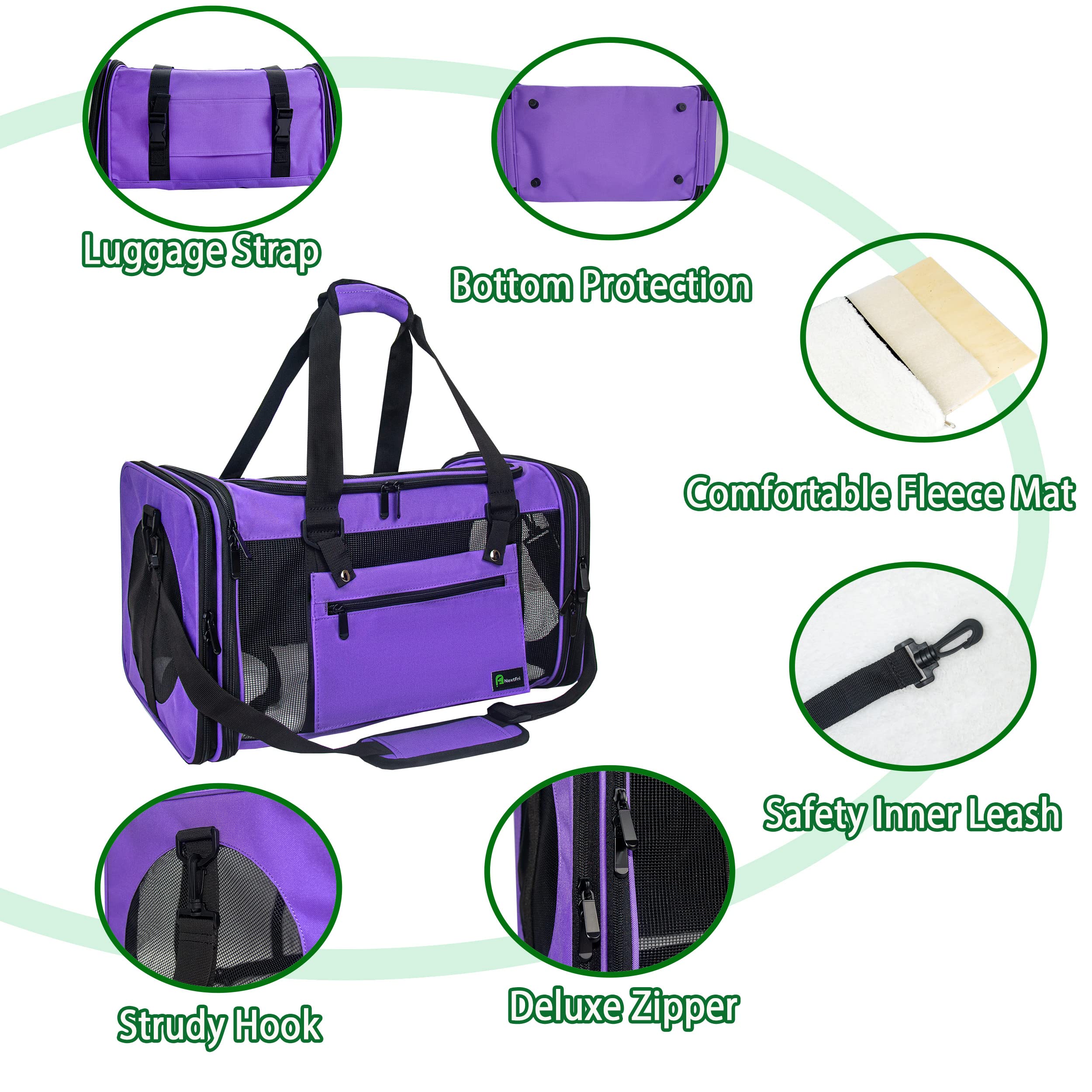 NextFri carrier with handles and luggage strap eases airport transfers.