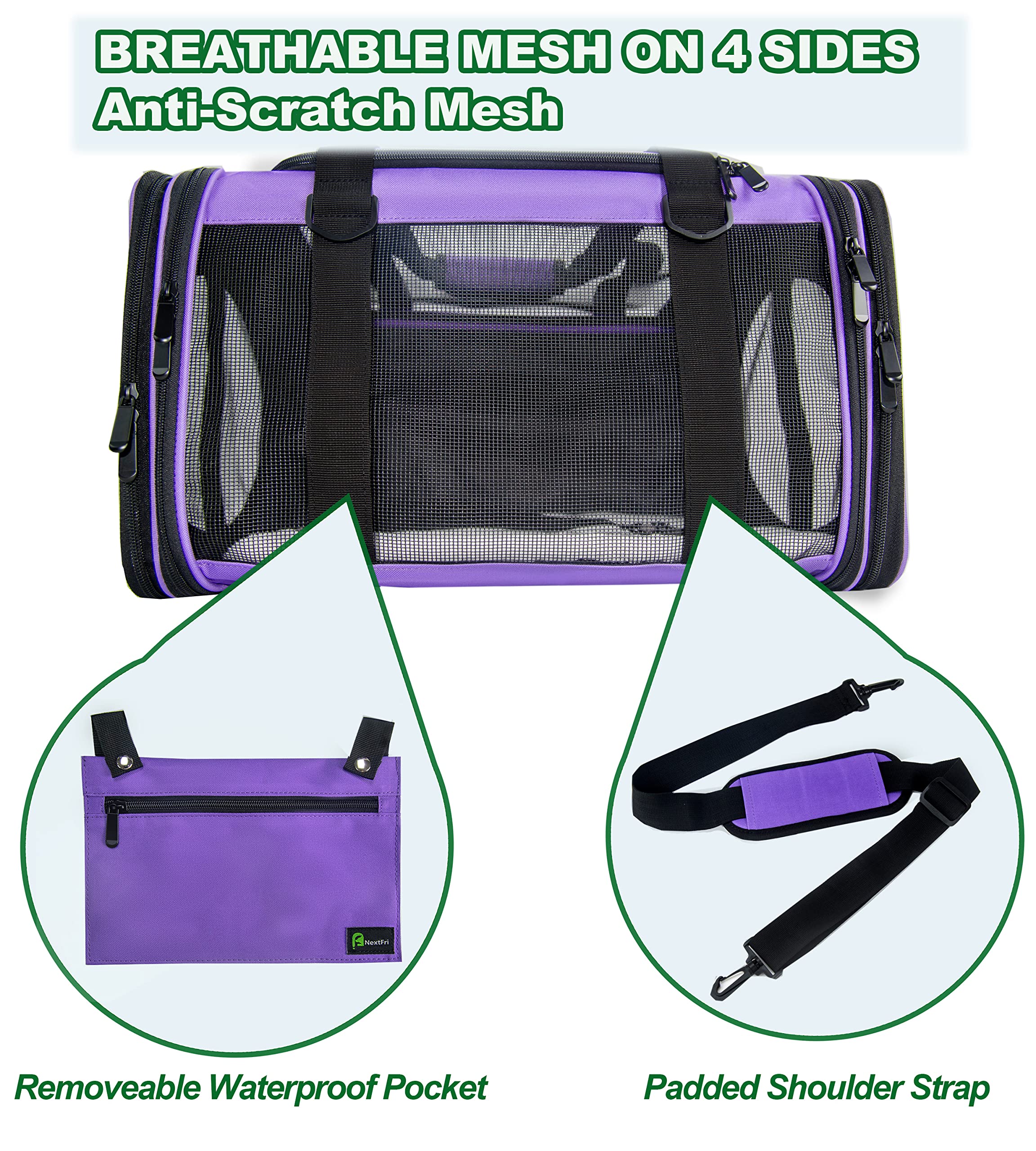 NextFri mesh-ventilation pet carrier promotes airflow during trips.
