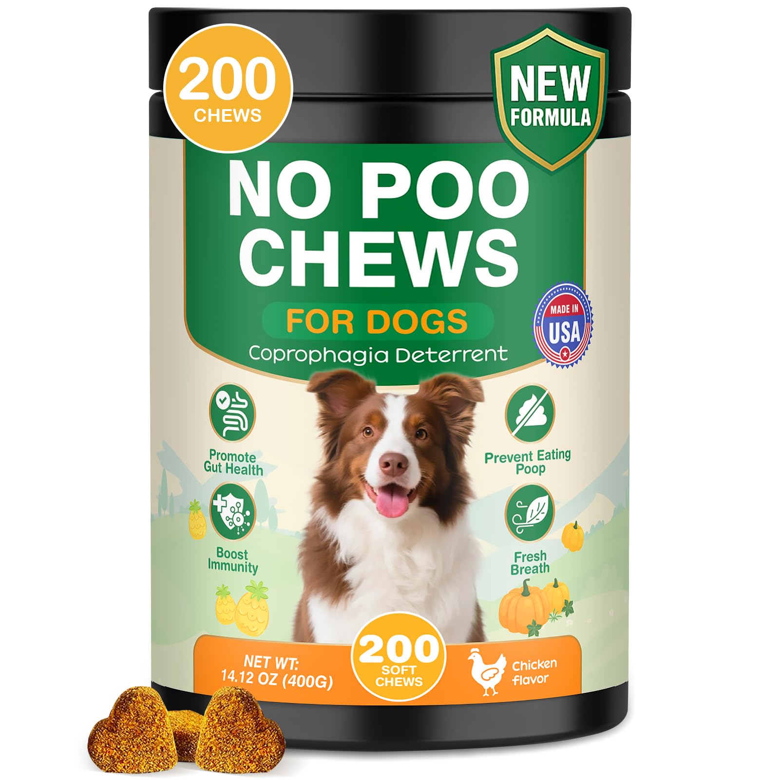 NEXZL 200 chew no poo chews bottle showing easy daily dosing for dogs
