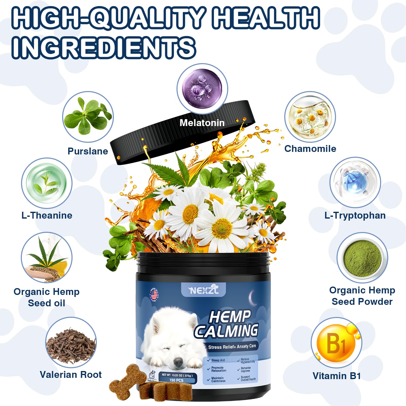 NEXZL dog calming chews chicken flavor treats support mood during stressful events.