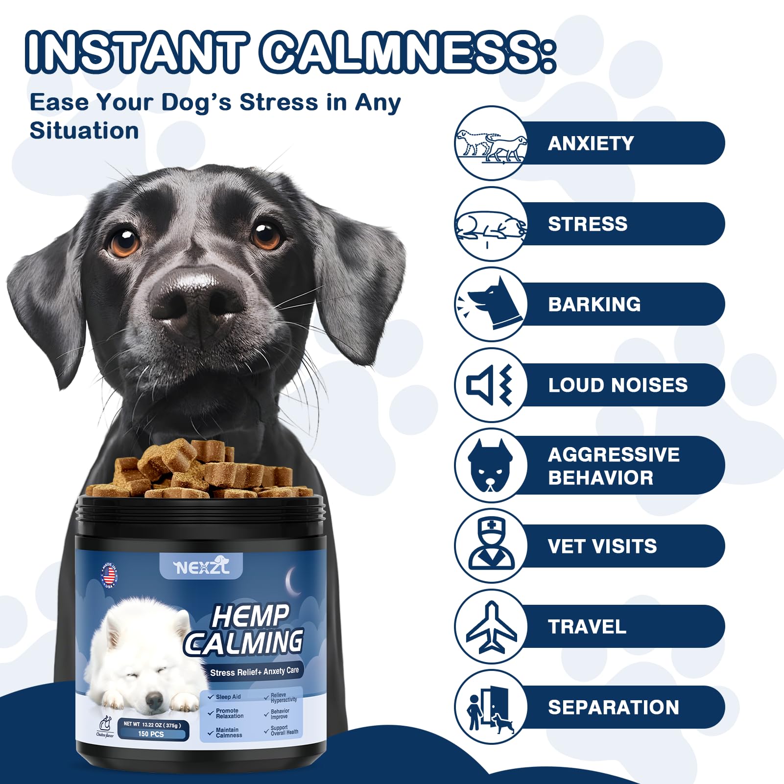 NEXZL dog calming chews made in USA reflect quality and trusted sourcing.