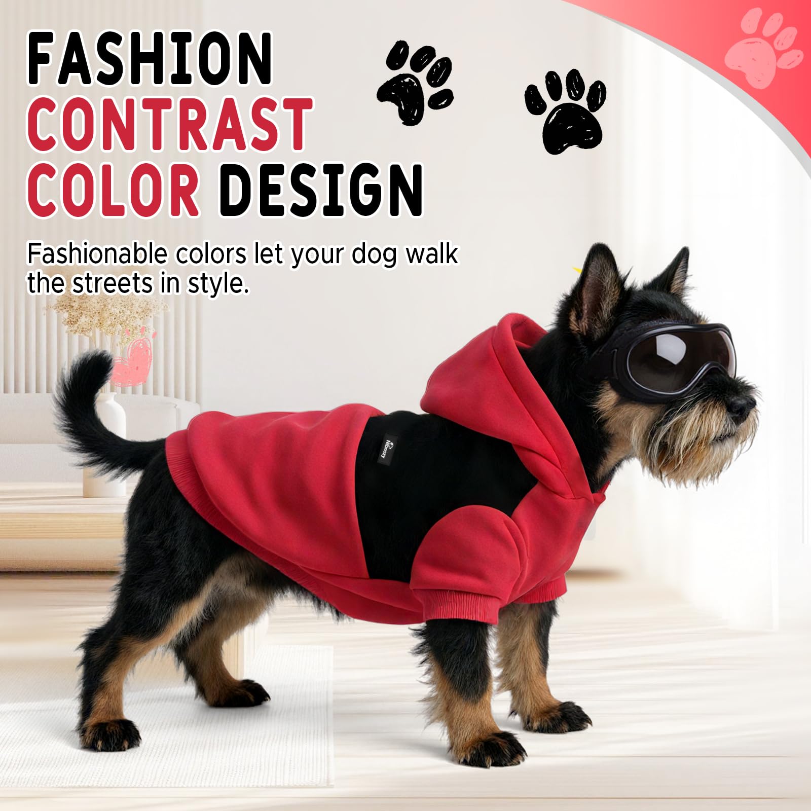 Nibnozy dog hoodie size-fit guide illustrating small to medium fit for breeds.