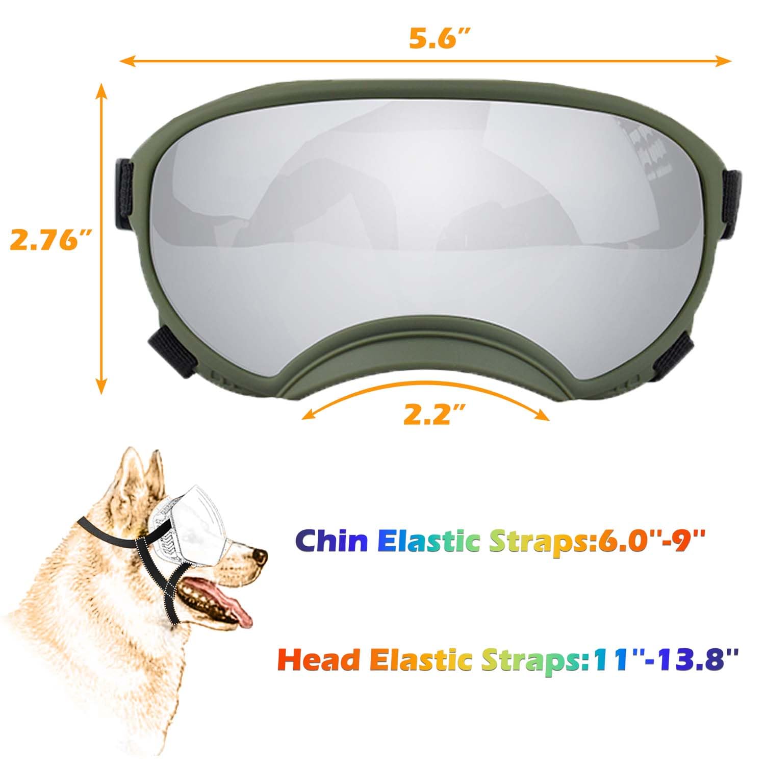 Nicerinc Pet sunglasses adjustable strap demonstrates 13.4–20 inch fit.