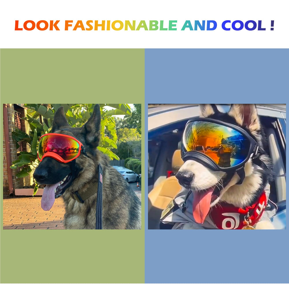 NICERINC PET large dog sunglasses side-view demonstrates windproof design for car rides.