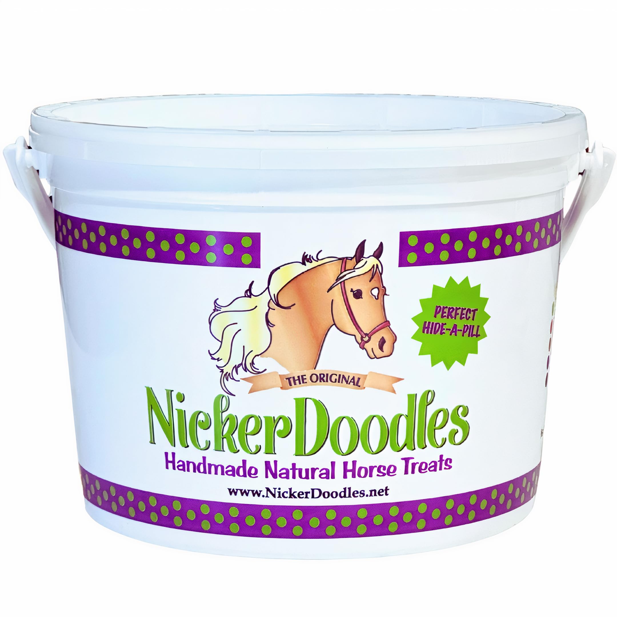 NickerDoodles Horse Treats 5lb pail on shelf, easy medication time solution.