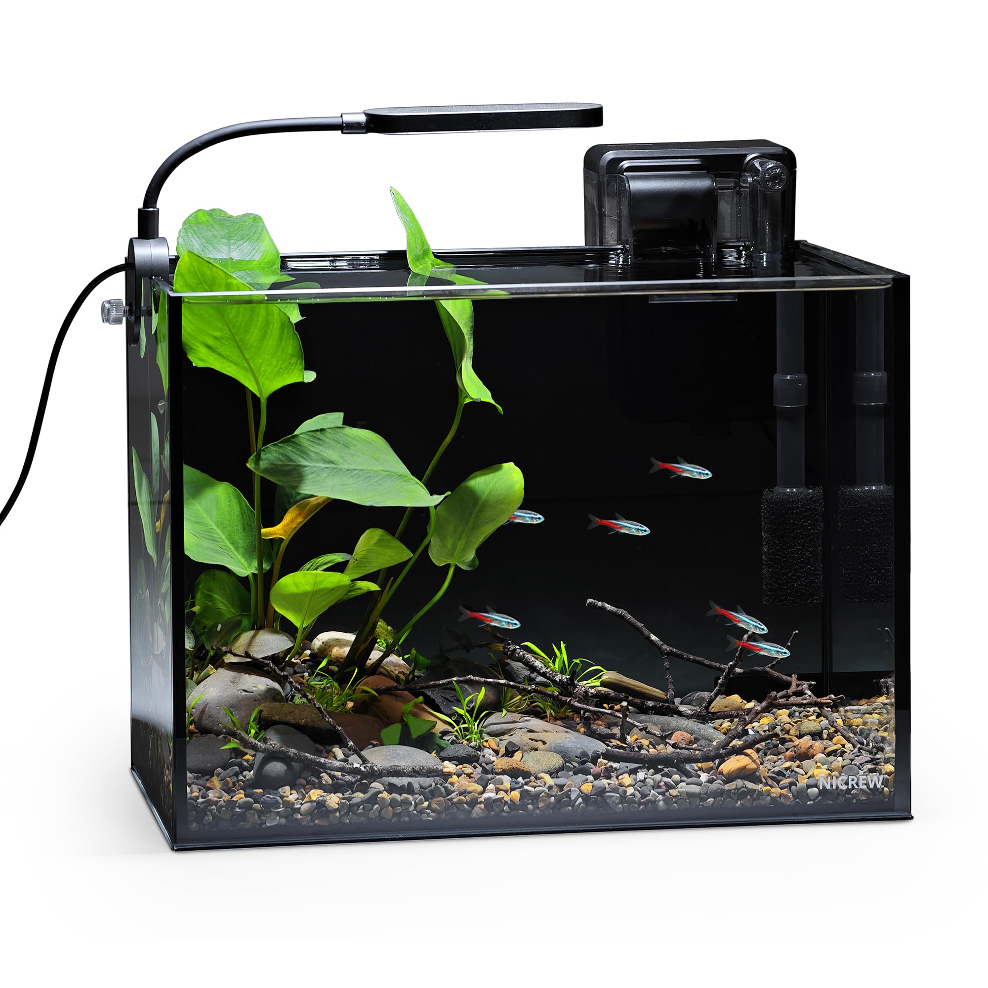 NICREW 2.5G Nano Nature aquarium kit front view in black for a sleek, space-saving desktop display.