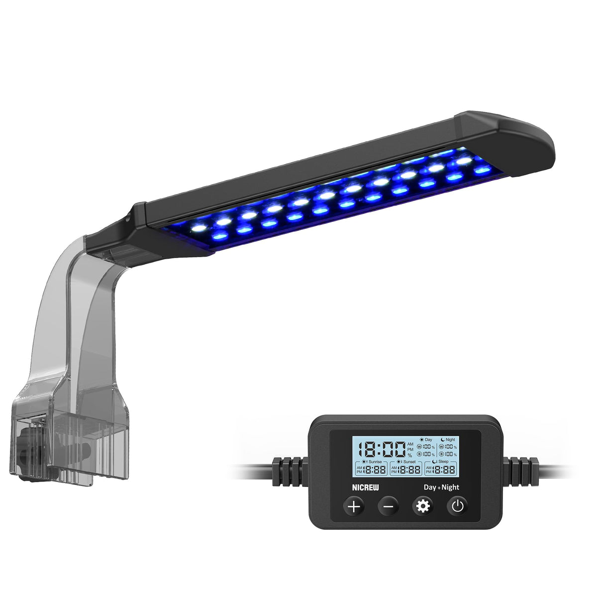 NICREW Marine clip-on light highlights blue and white LEDs for vibrant reef colors