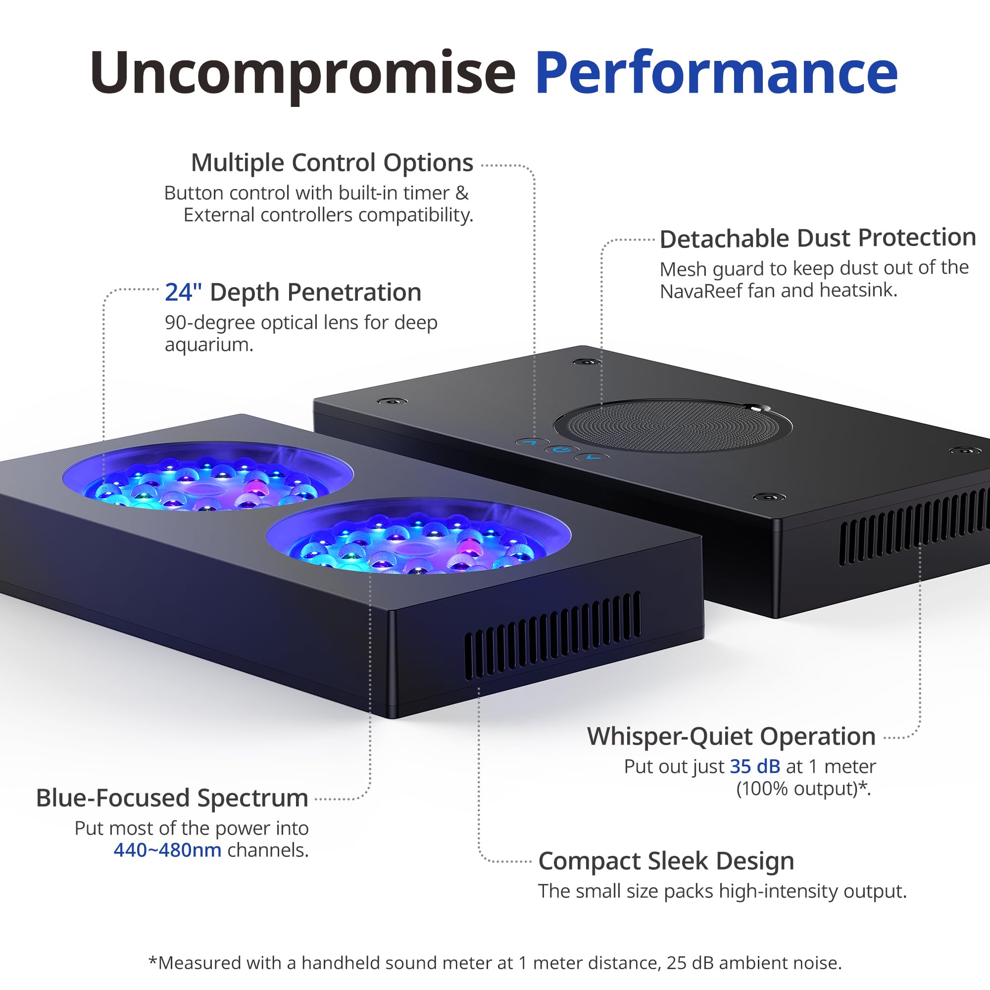 NICREW NavaReef 135W LED light displaying blue spectrum glow for enhanced coral fluorescence