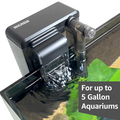 NICREW Slim Filter in-tank setup with tubes and cartridge highlights easy setup for beginners.