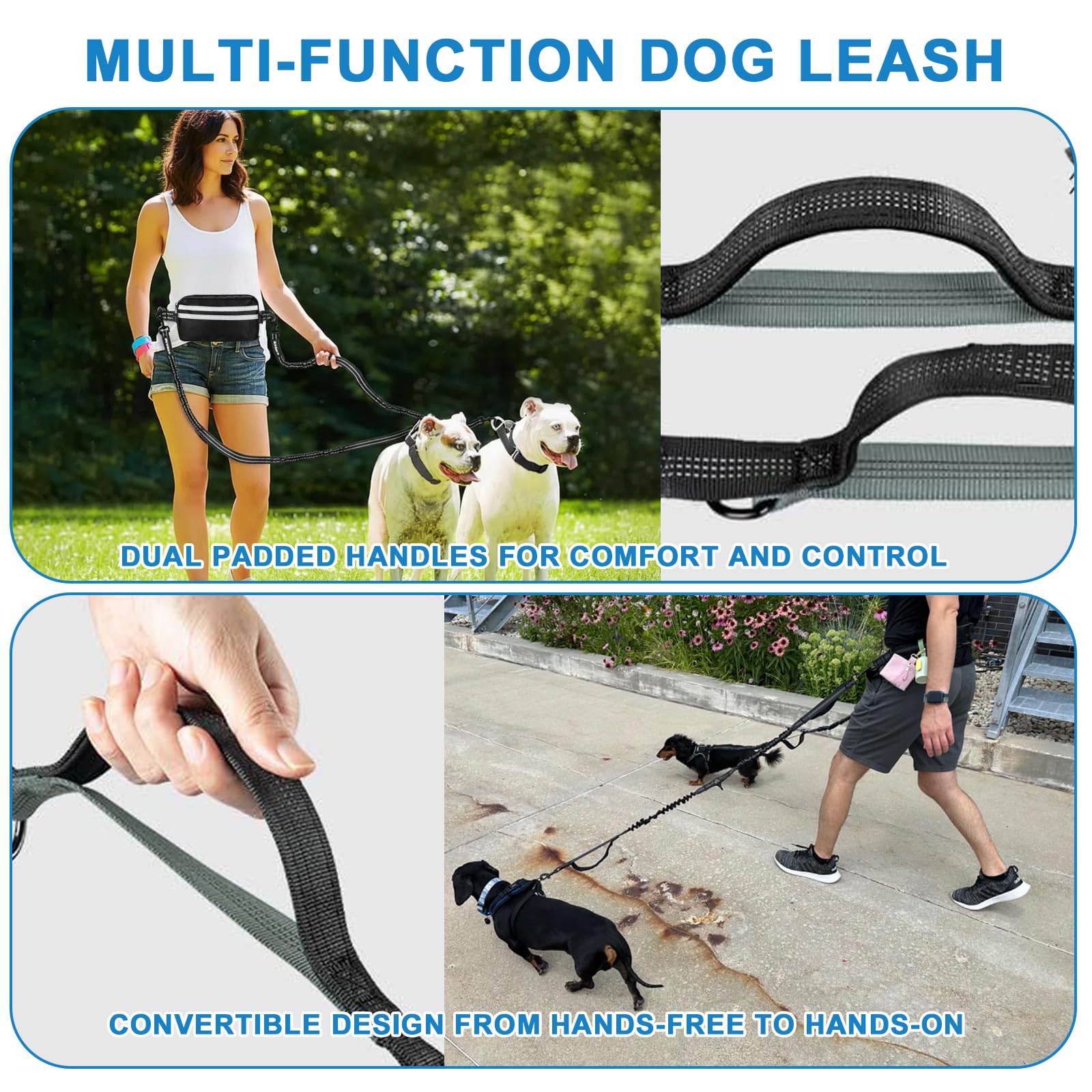 NimbiePets bungee rope extension absorbs pulls for smoother two-dog walks.