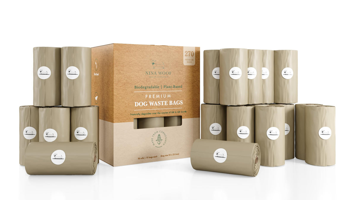 Nina Woof compostable poop bags roll packaging highlights eco-friendly cartons