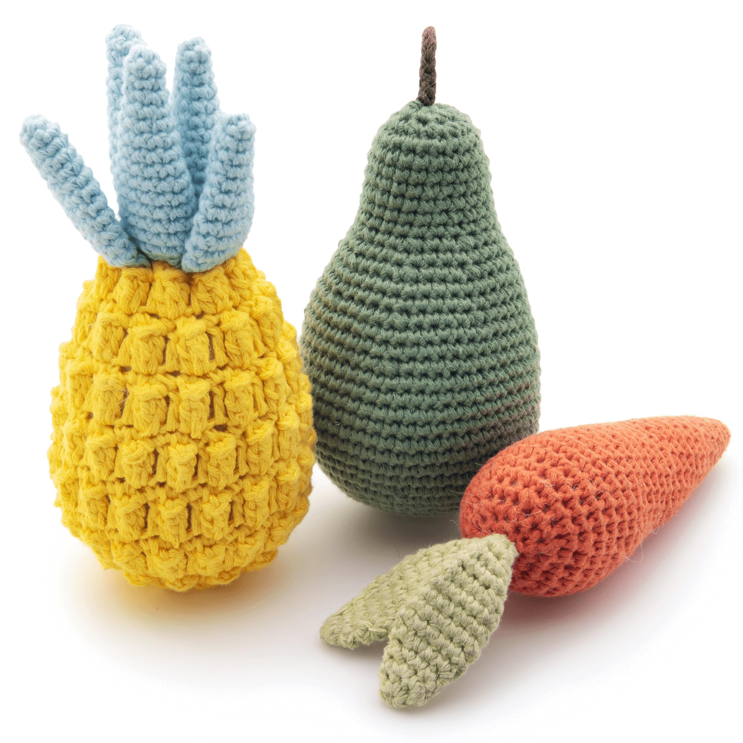 Nina Woof organic cotton toy pack with fruit designs promoting safe chewing and teething relief.