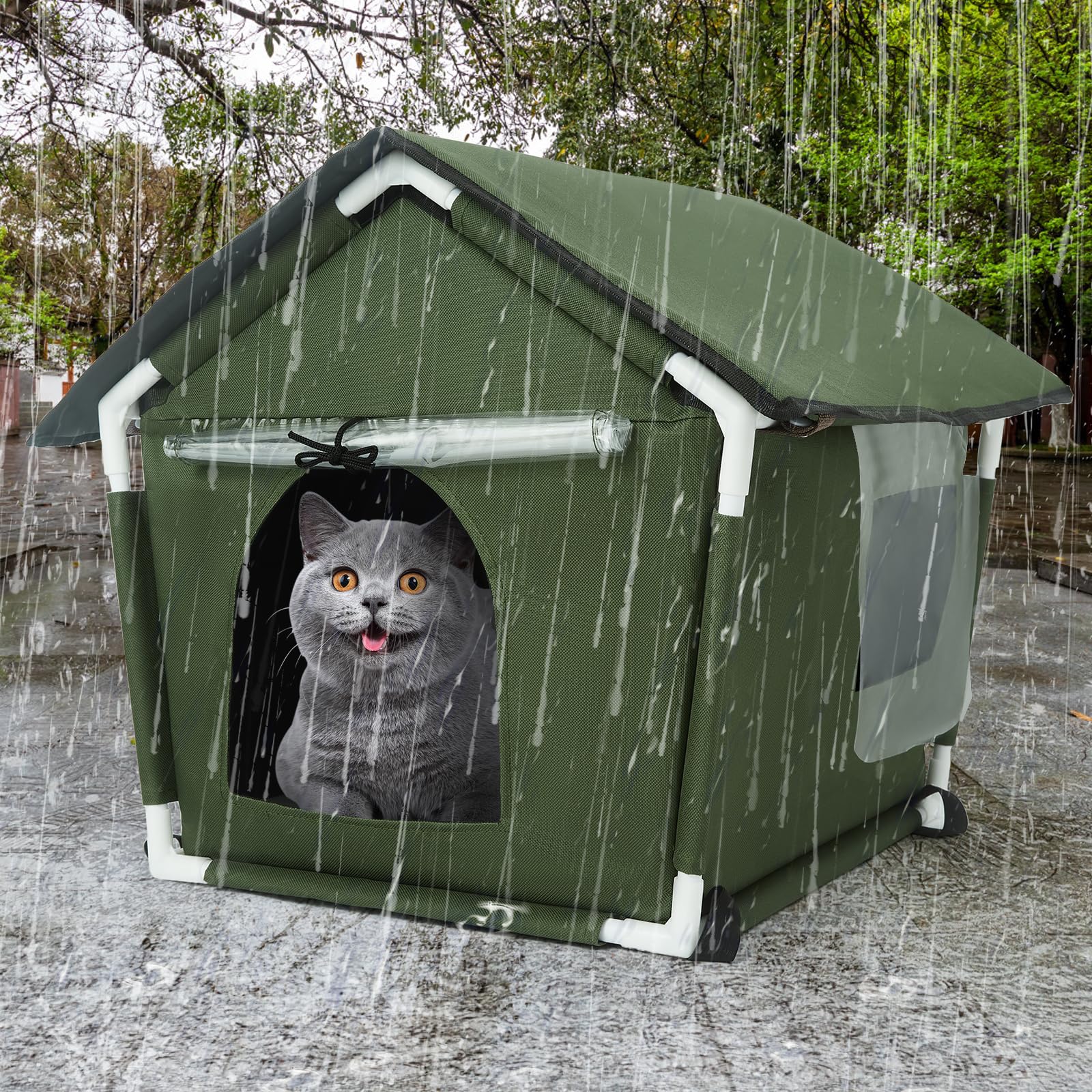 Ninodemu outdoor cat house exterior shows weatherproof protection year-round.