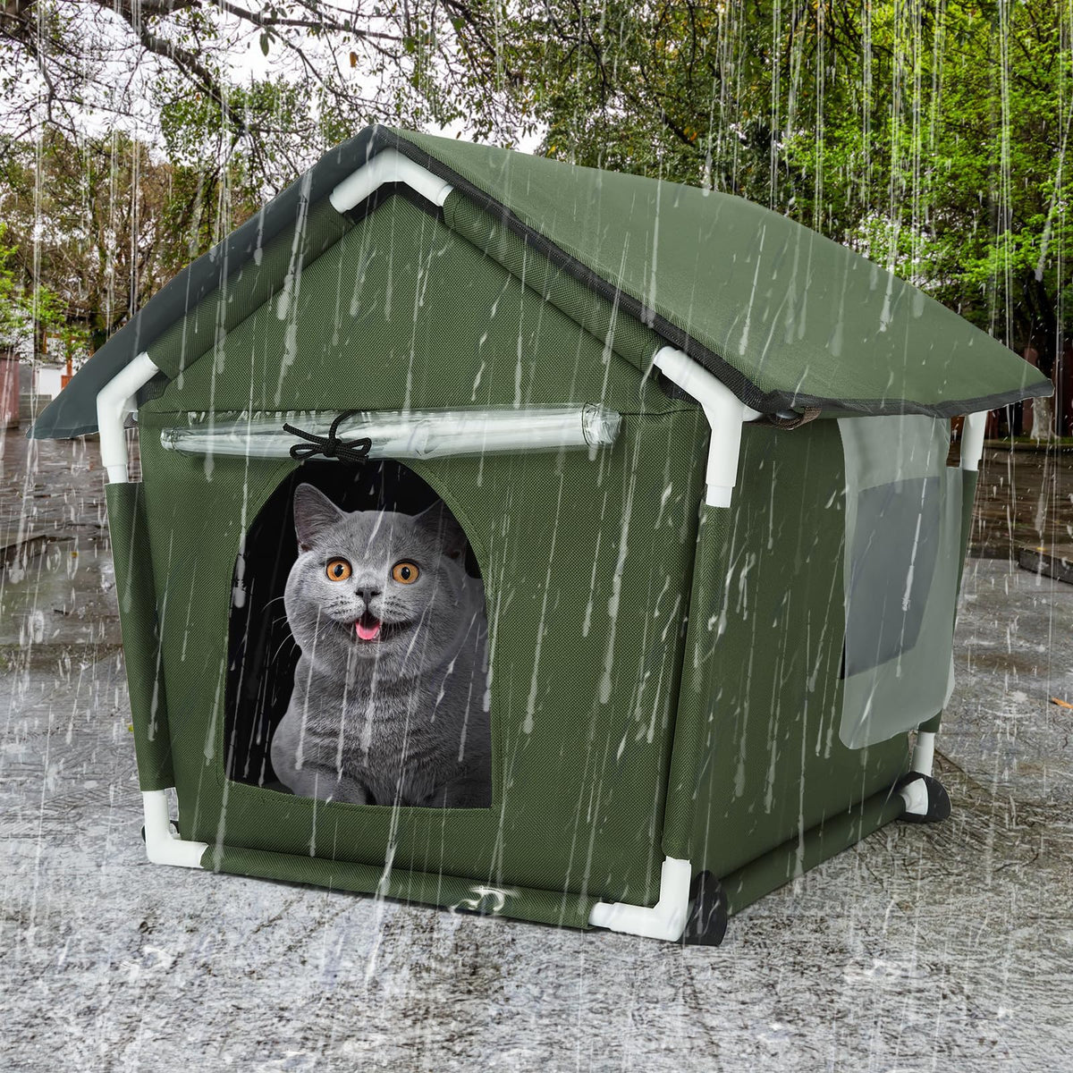 Ninodemu outdoor cat house exterior shows weatherproof protection year-round.