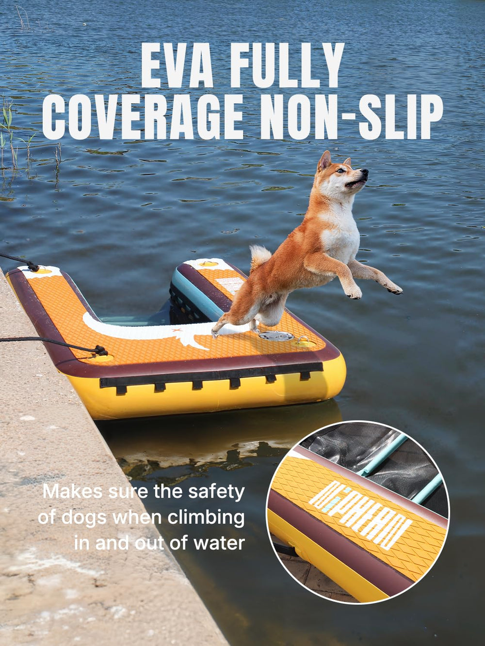 Niphean dog ramp supports up to 200 lbs for large dogs at water's edge.