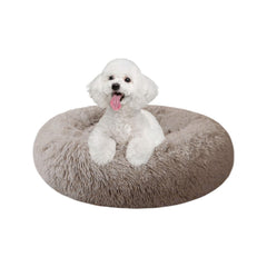 Nisrada 20-inch round dog bed front view showcases secure donut design for calm, cozy naps.