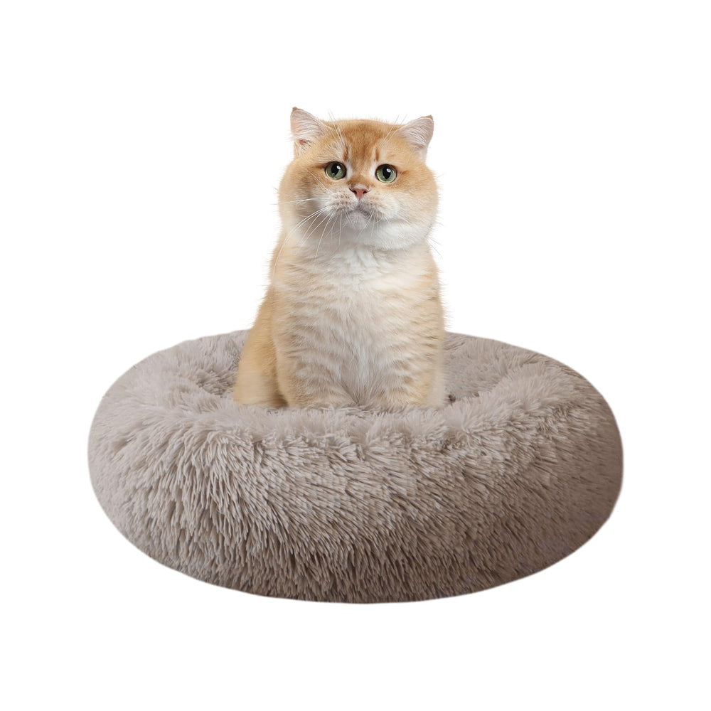 Cama Nisrada para gatos, frente; diseño redondo y soporte para cabeza.