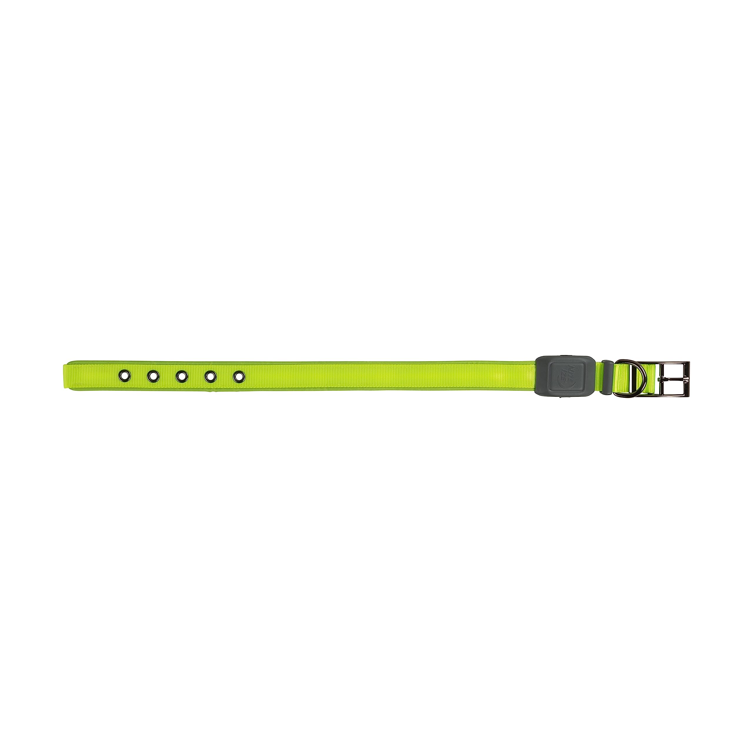 Close-up of the durable black metal buckle on NiteDog lime collar.