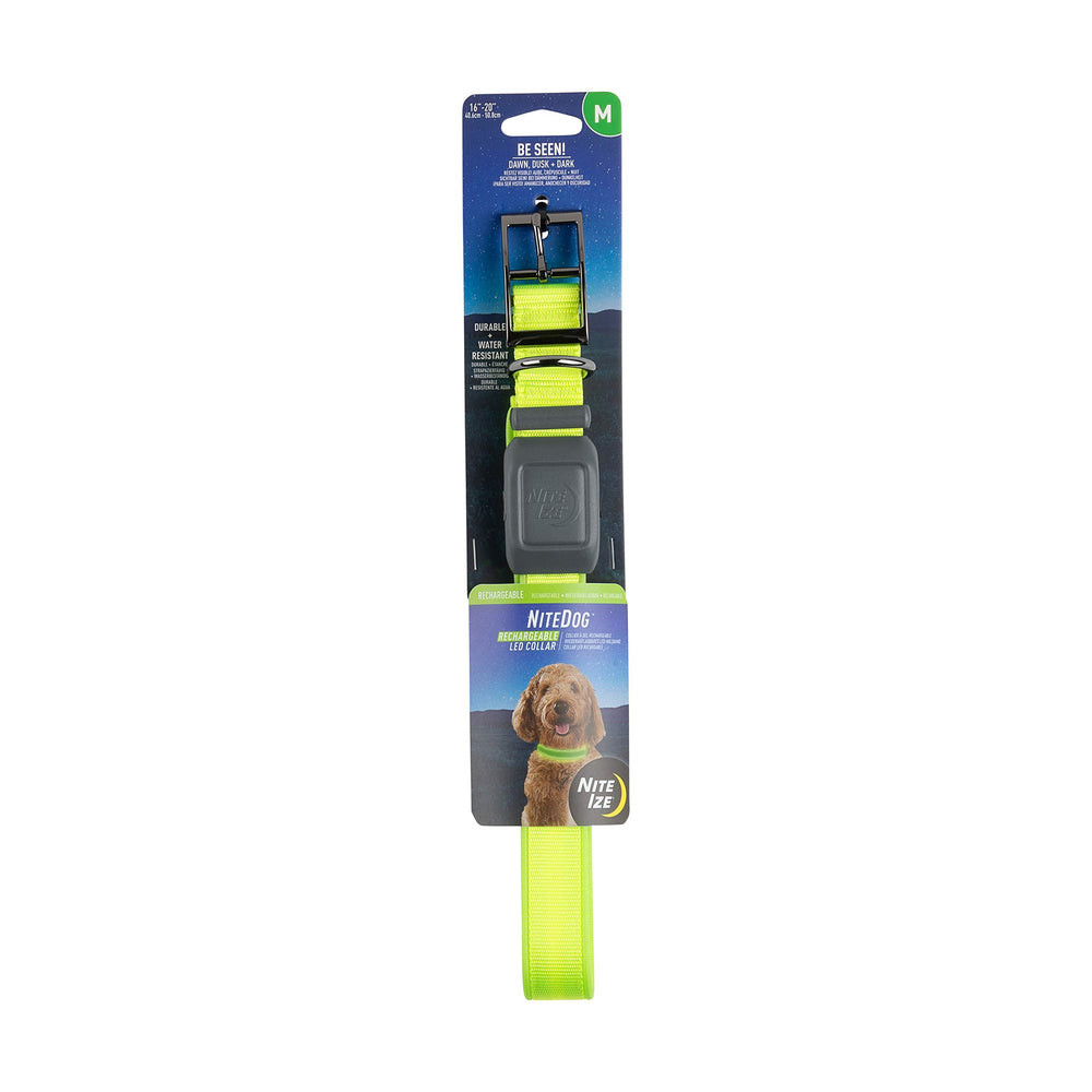 NiteDog LED collar in lime glows for safer night walks.