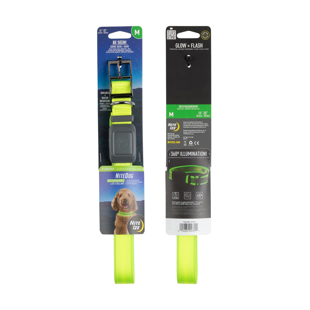 Product display of lime NiteDog LED collar for everyday use.