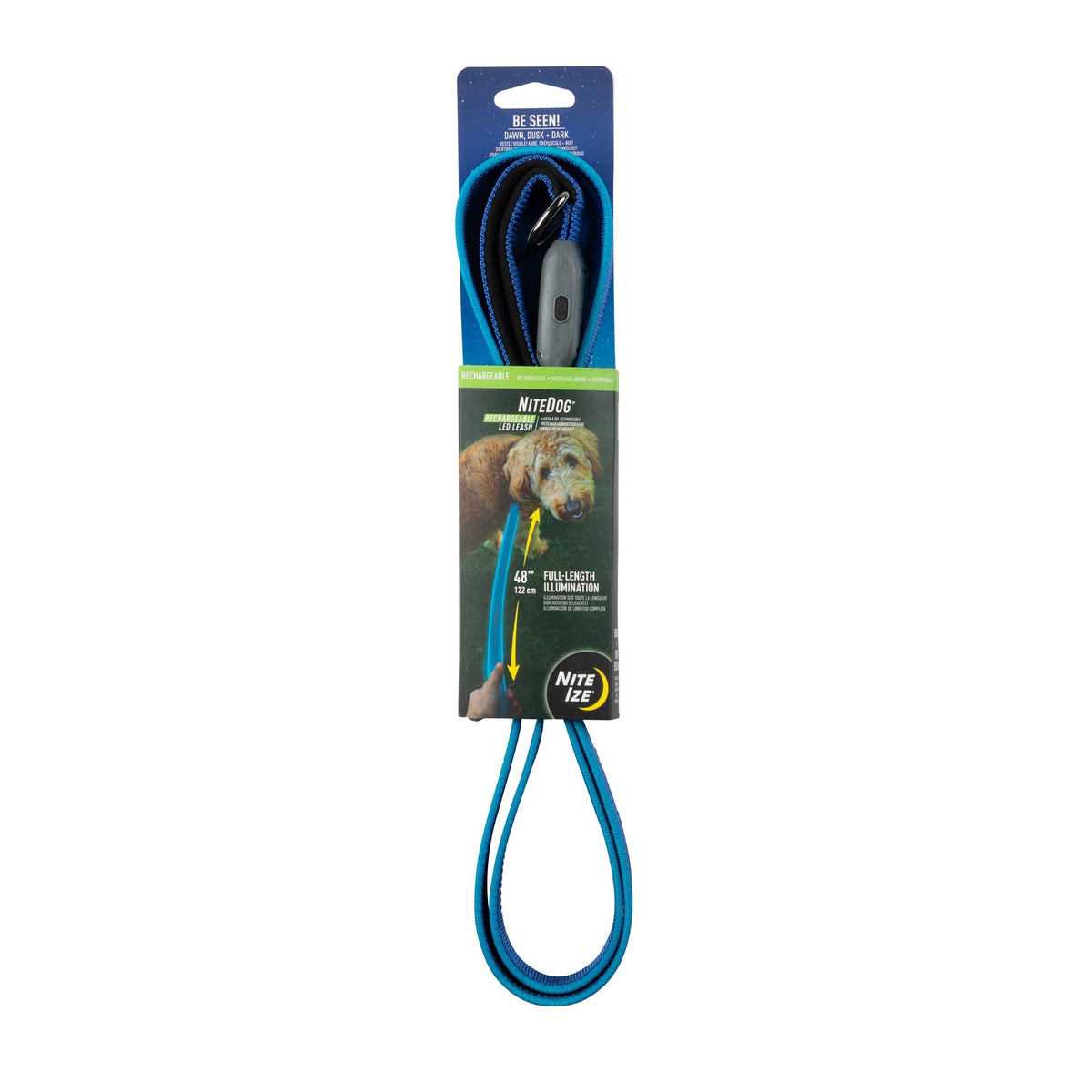 Nite Ize NiteDog leash front view with bright LEDs for enhanced evening visibility.
