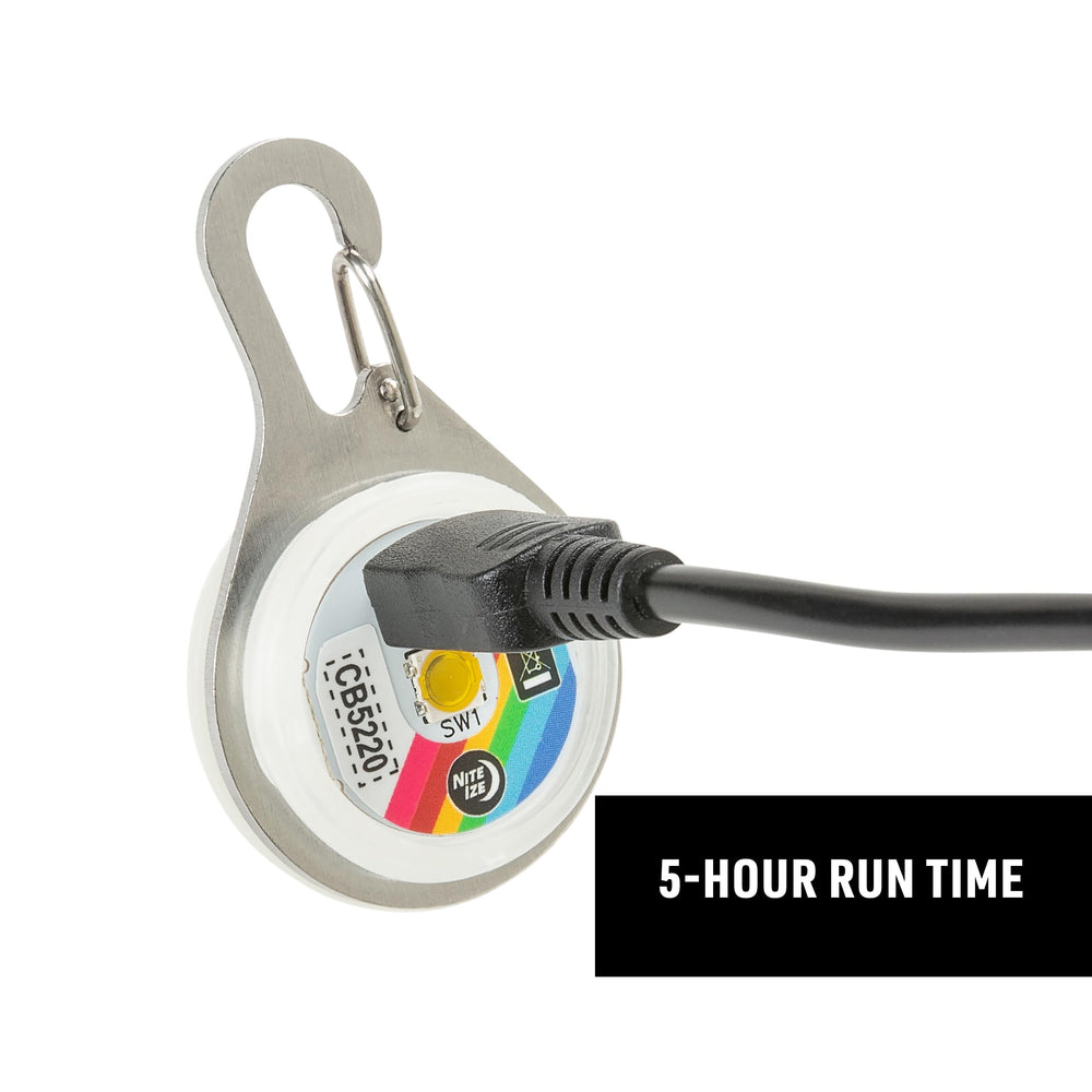 Nite Ize SpotLit close-up shows stainless steel carabiner attached to a collar