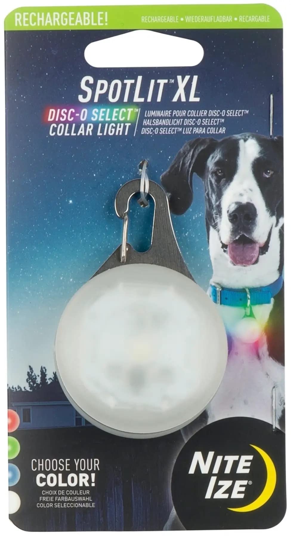 Nite Ize SpotLit XL collar light clip on a dog collar for nighttime visibility