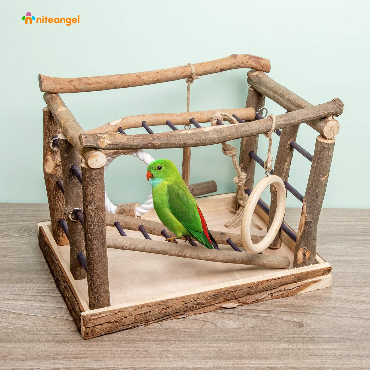 Niteangel Bird Activity Center natural wood detail emphasizes safe, natural materials.