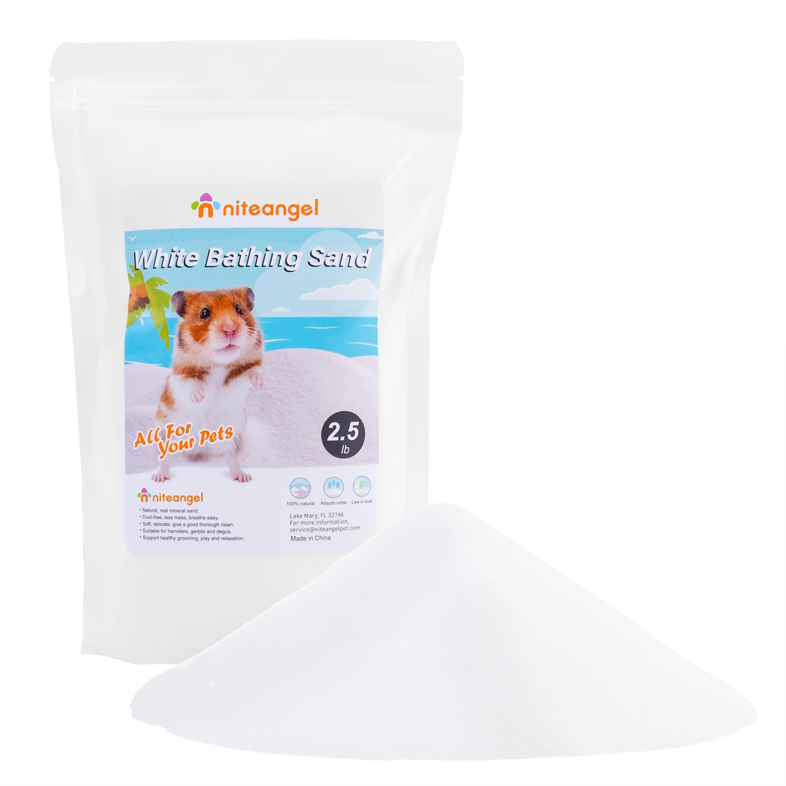 Niteangel hamster desert bath sand product shot showing the 2.5lb bag for clean grooming