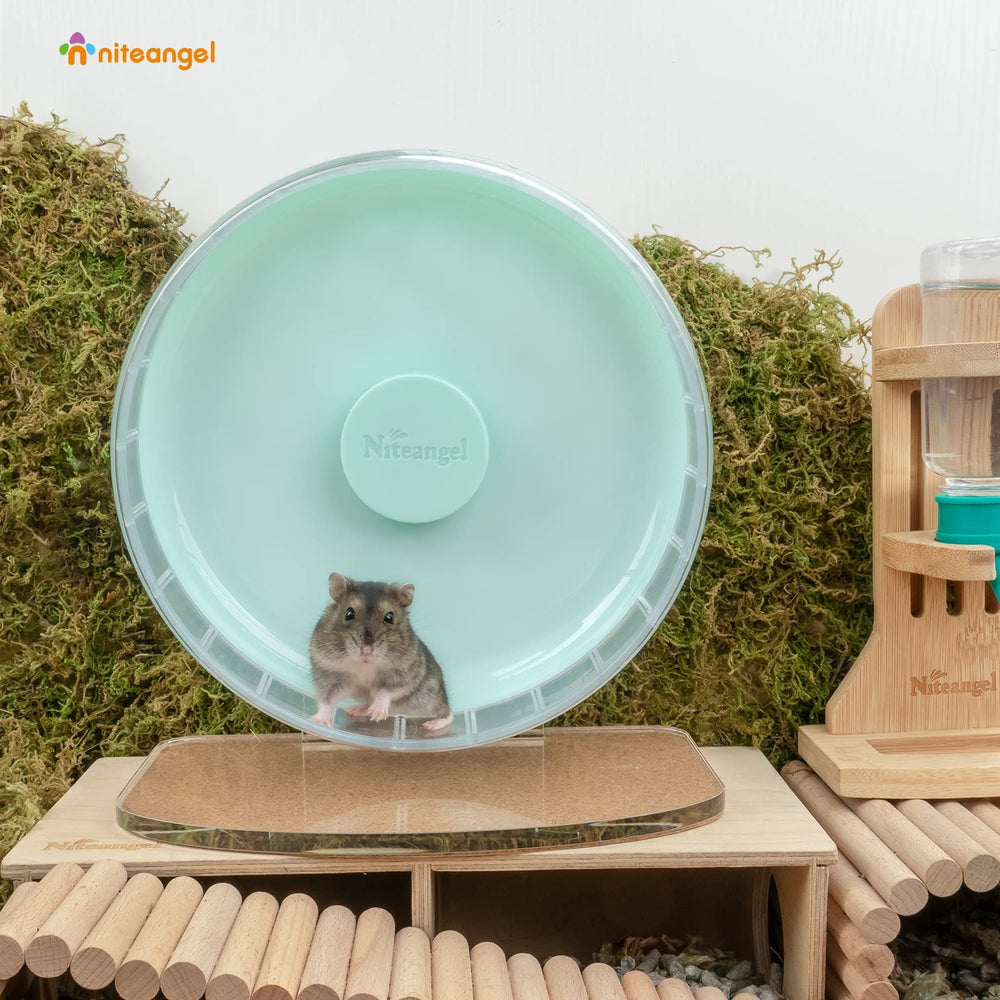 Niteangel hamster wheel adjustable-stand adapts to cage height for easy access.