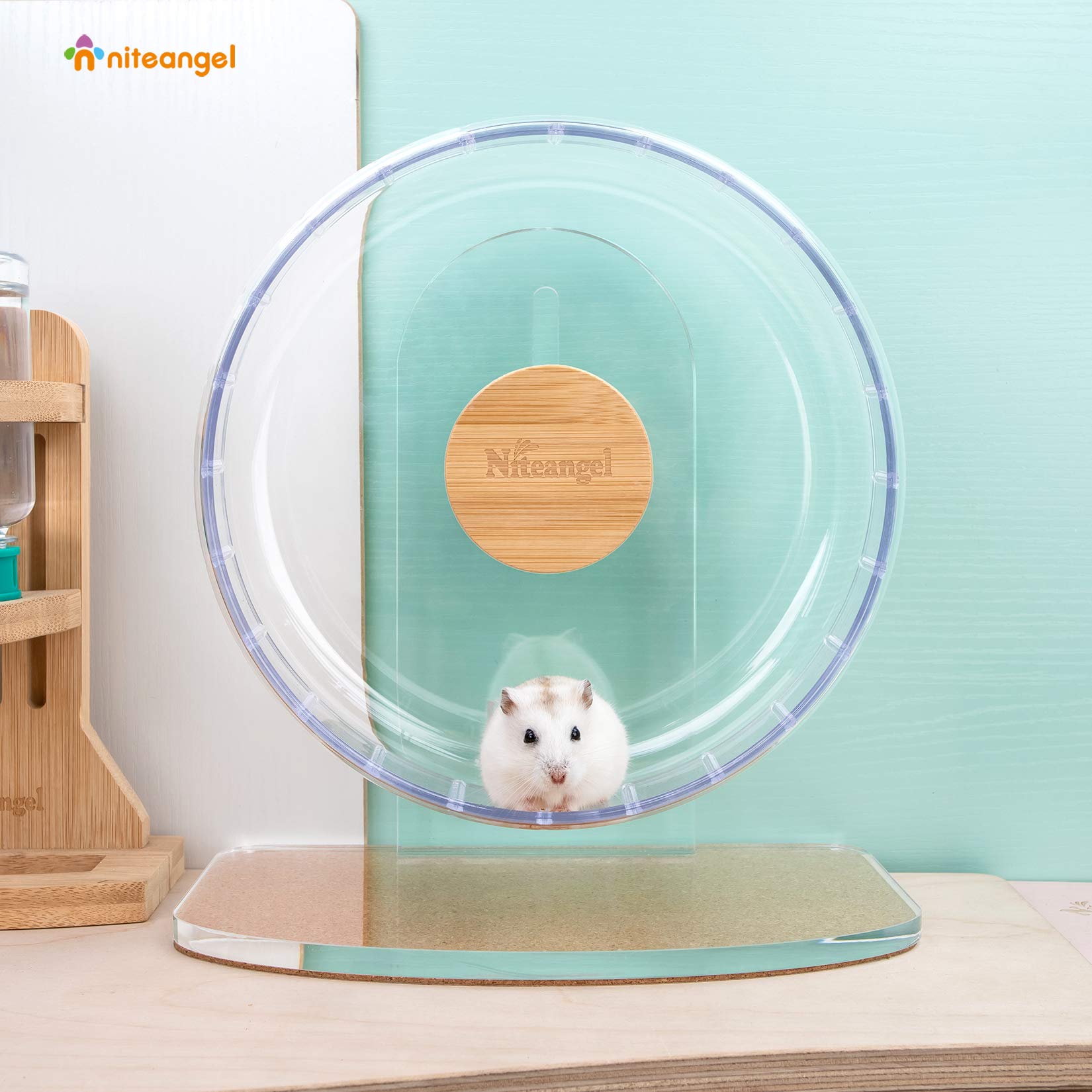 Niteangel wheel adjustable-height shot demonstrates custom fit for cages and bedding.