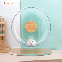 Niteangel wheel adjustable-height shot demonstrates custom fit for cages and bedding.