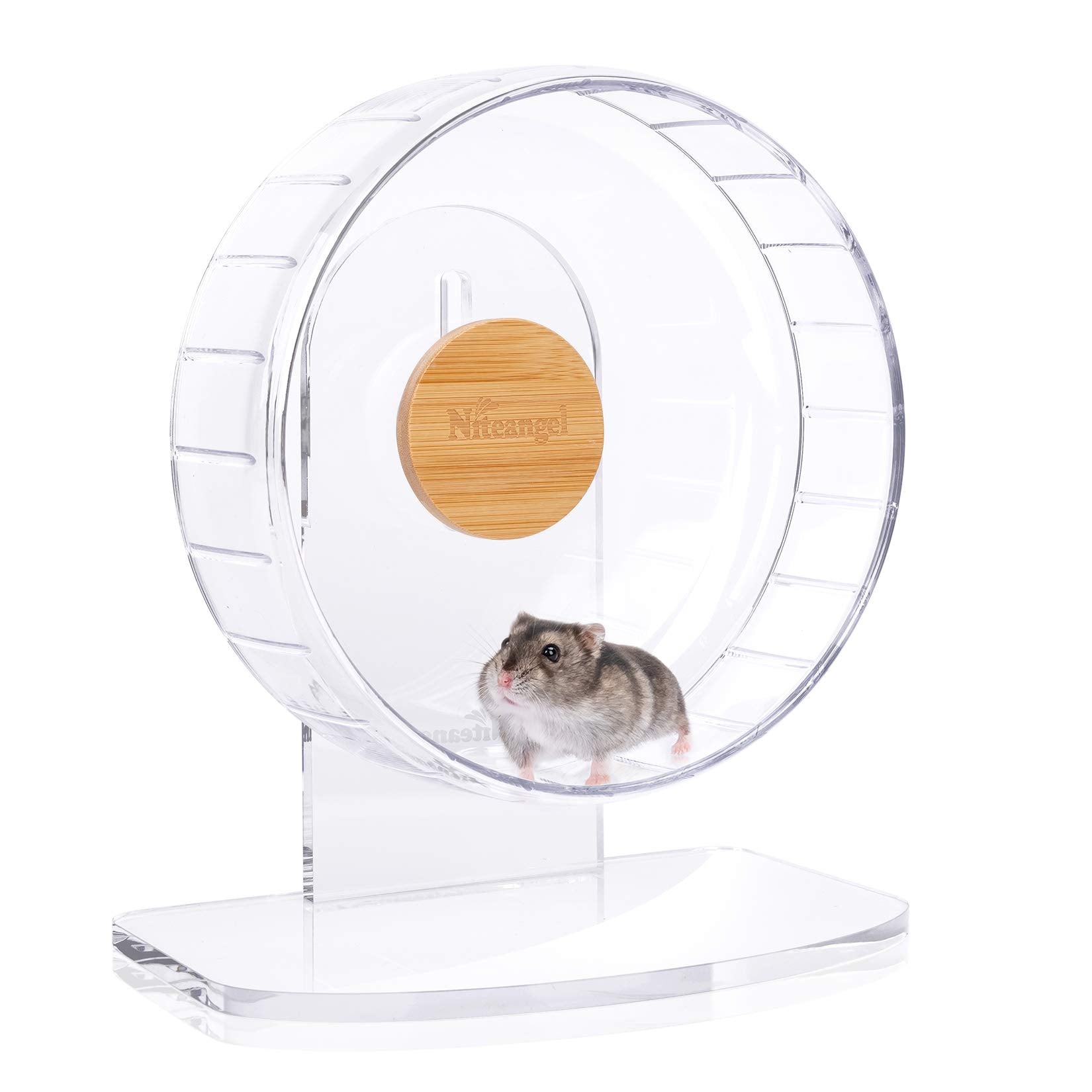 Niteangel Super-Silent Hamster Wheel side view demonstrates quiet exercise for a peaceful night.