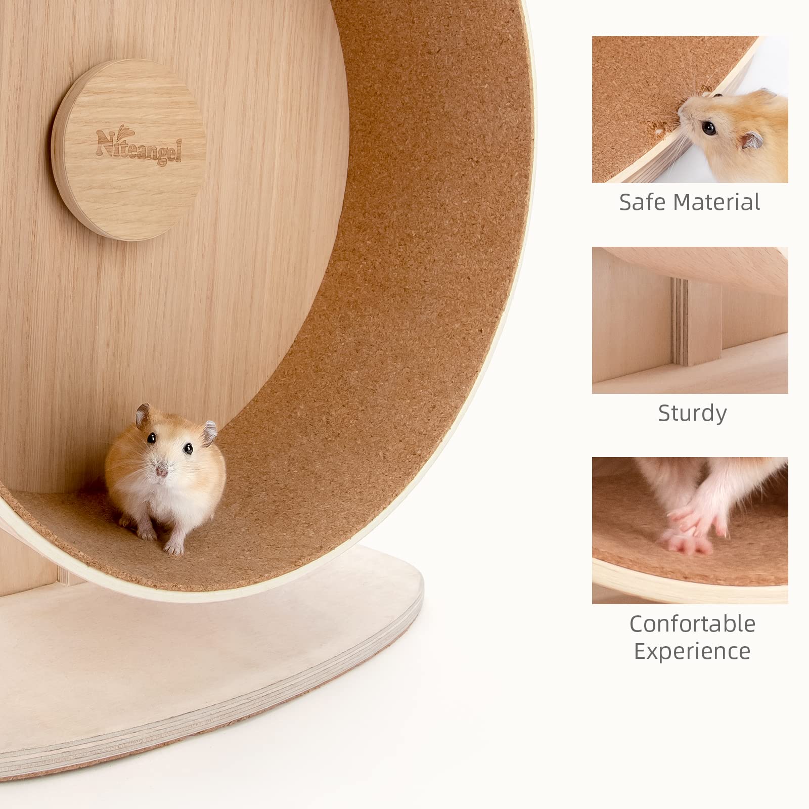 Niteangel wooden hamster exercise wheel cork track close-up emphasizes paw-friendly surface