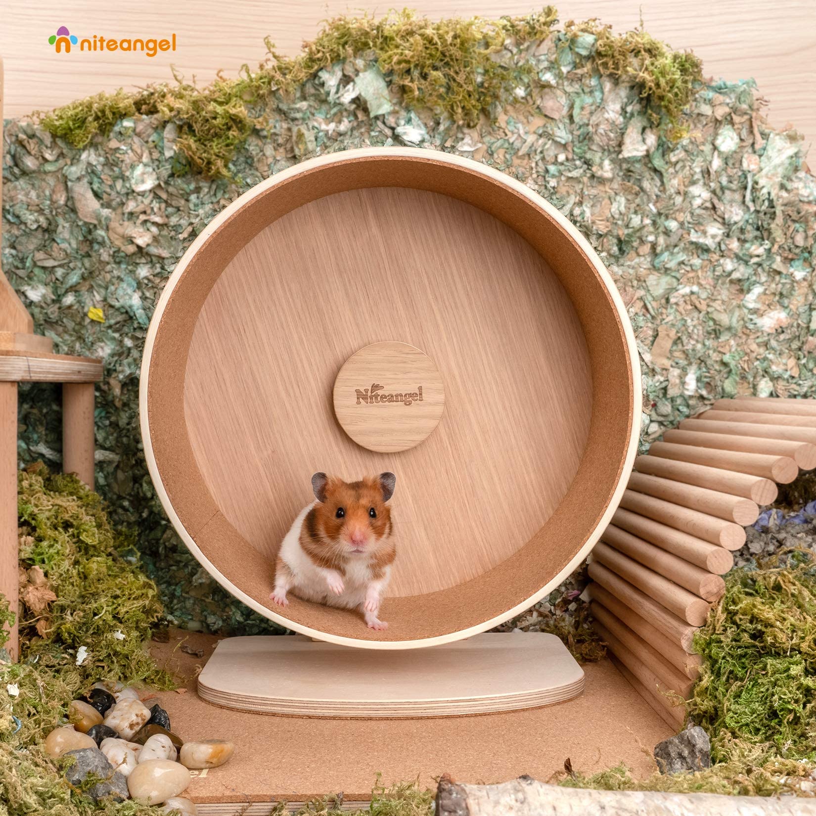 Niteangel wooden hamster exercise wheel in cage shows secure cork mat under base