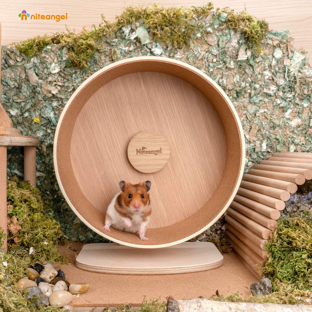 Niteangel wooden hamster exercise wheel in cage shows secure cork mat under base