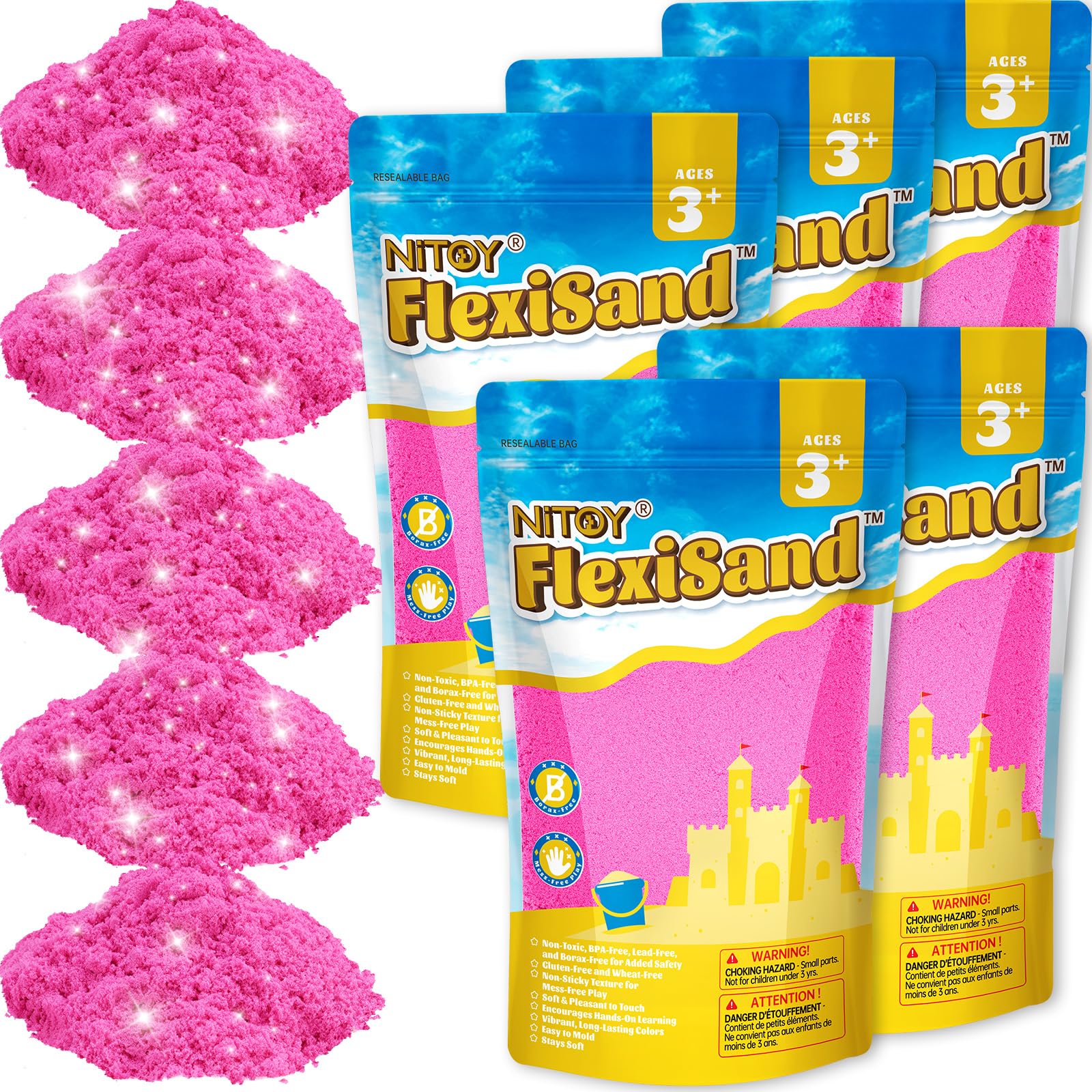 NiToy FlexiSand 11lb pack open bag showing vibrant hot pink sand for extended creative play.