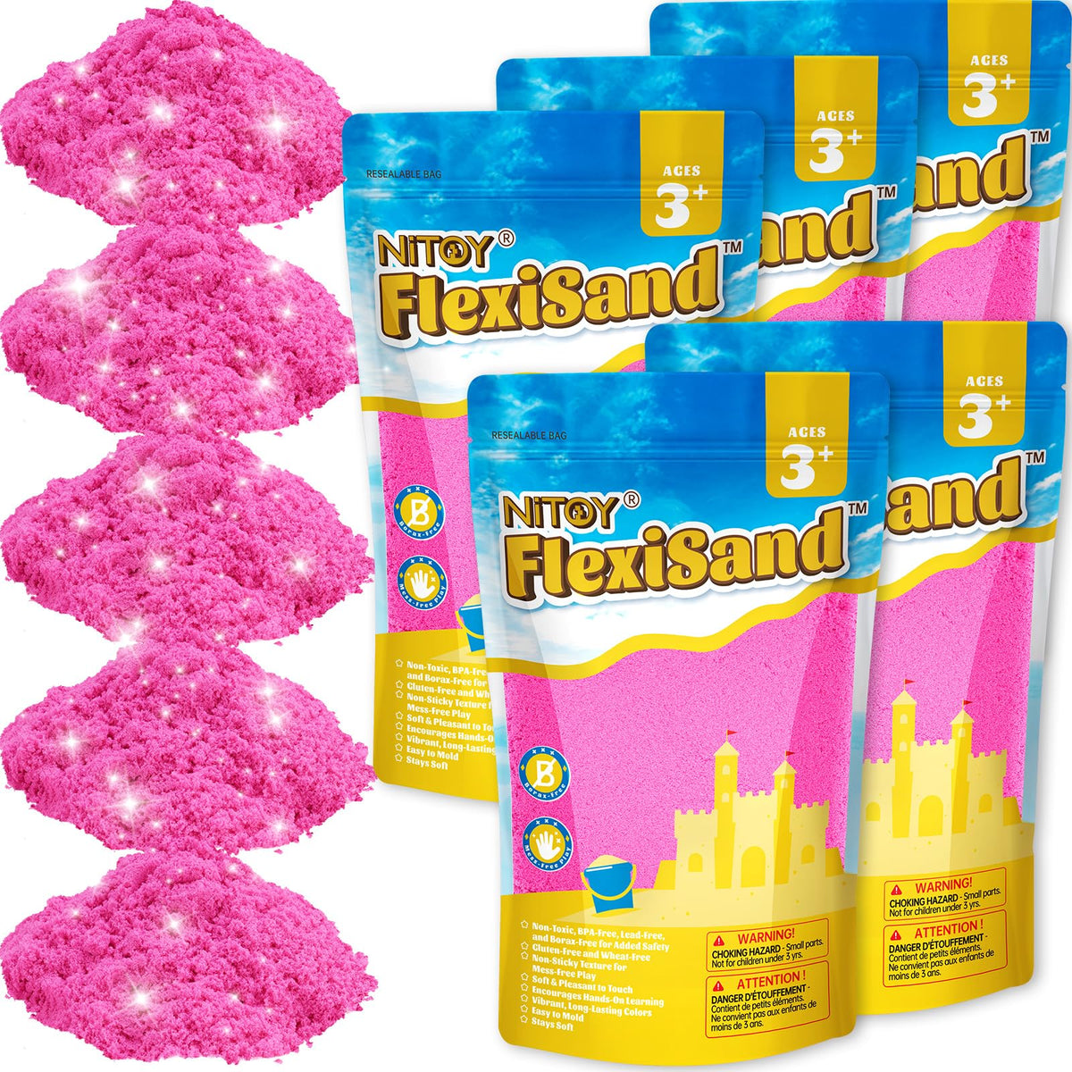 NiToy FlexiSand 11lb pack open bag showing vibrant hot pink sand for extended creative play.