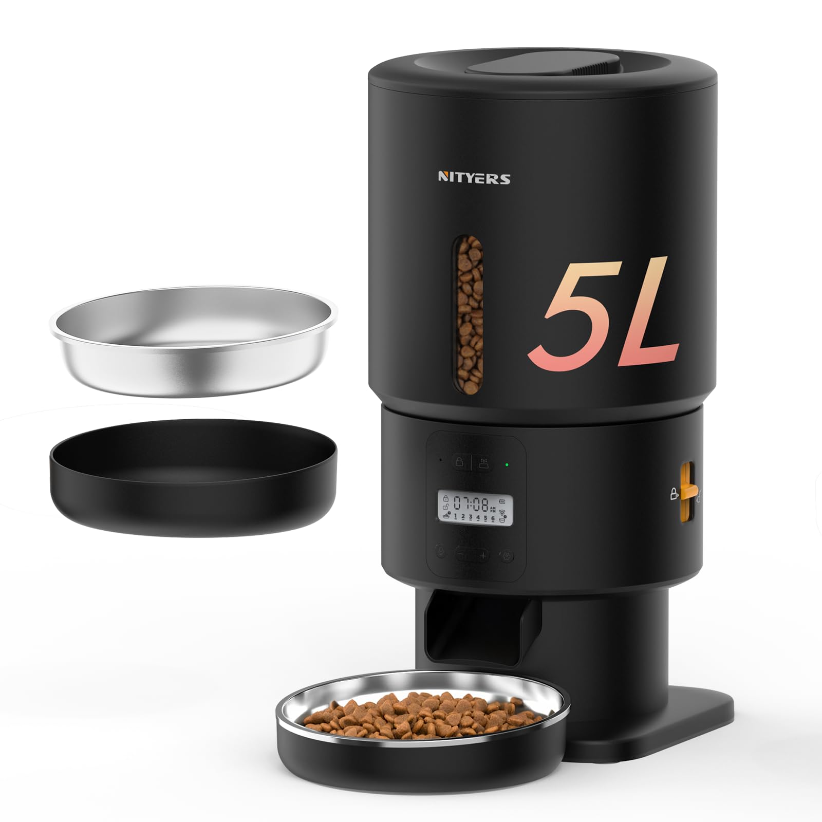 Nityers automatic cat feeder 5L hopper front view reduces frequent refills for busy households