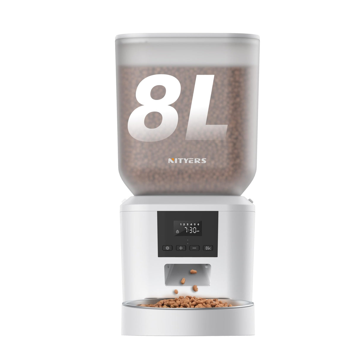 Nityers automatic feeder 8L hopper shows fullness for travel planning.